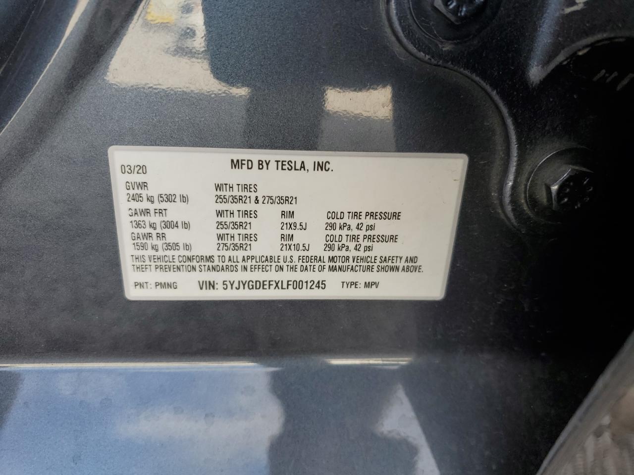 2020 Tesla Model Y VIN: 5YJYGDEFXLF001245 Lot: 91241035