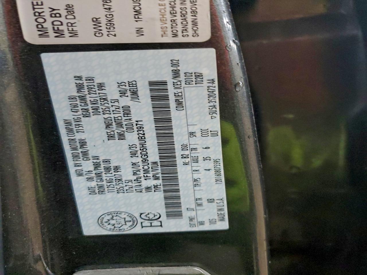 2017 Ford Escape Se VIN: 1FMCU9GD5HUB23971 Lot: 93345945