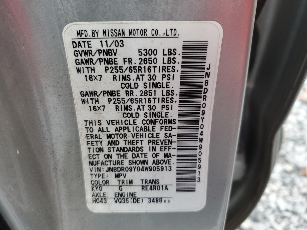 2004 Nissan Pathfinder Le VIN: JN8DR09Y04W905913 Lot: 92078975