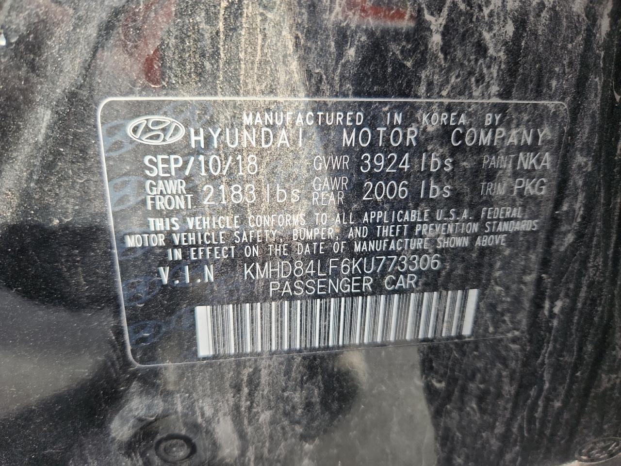 2019 Hyundai Elantra Sel VIN: KMHD84LF6KU773306 Lot: 92997085