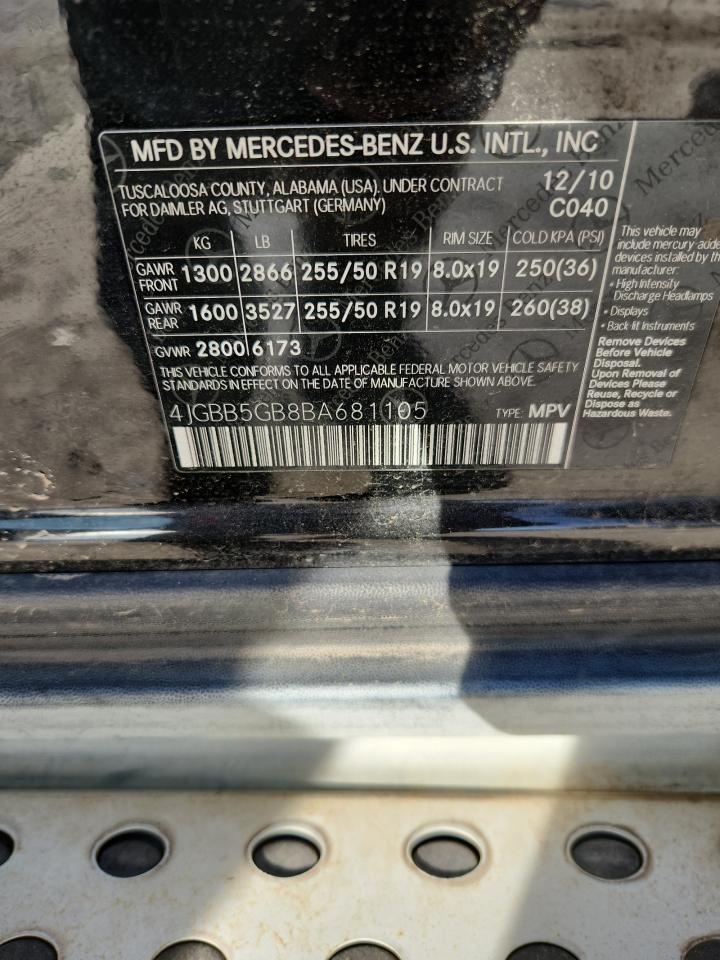 2011 Mercedes-Benz Ml 350 VIN: 4JGBB5GB8BA681105 Lot: 92430935