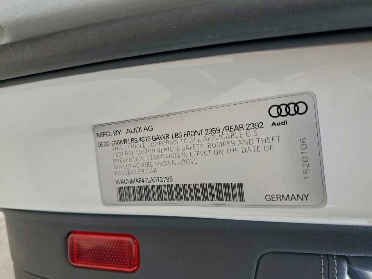 2020 Audi A4 Premium Plus VIN: WAUHMAF41LA072795 Lot: 93923035