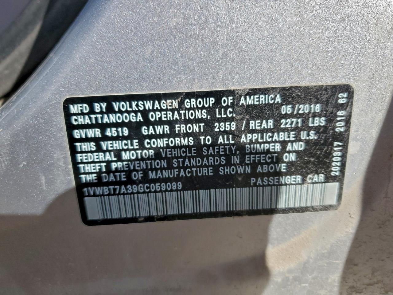 2016 Volkswagen Passat Se VIN: 1VWBT7A39GC059099 Lot: 93956965