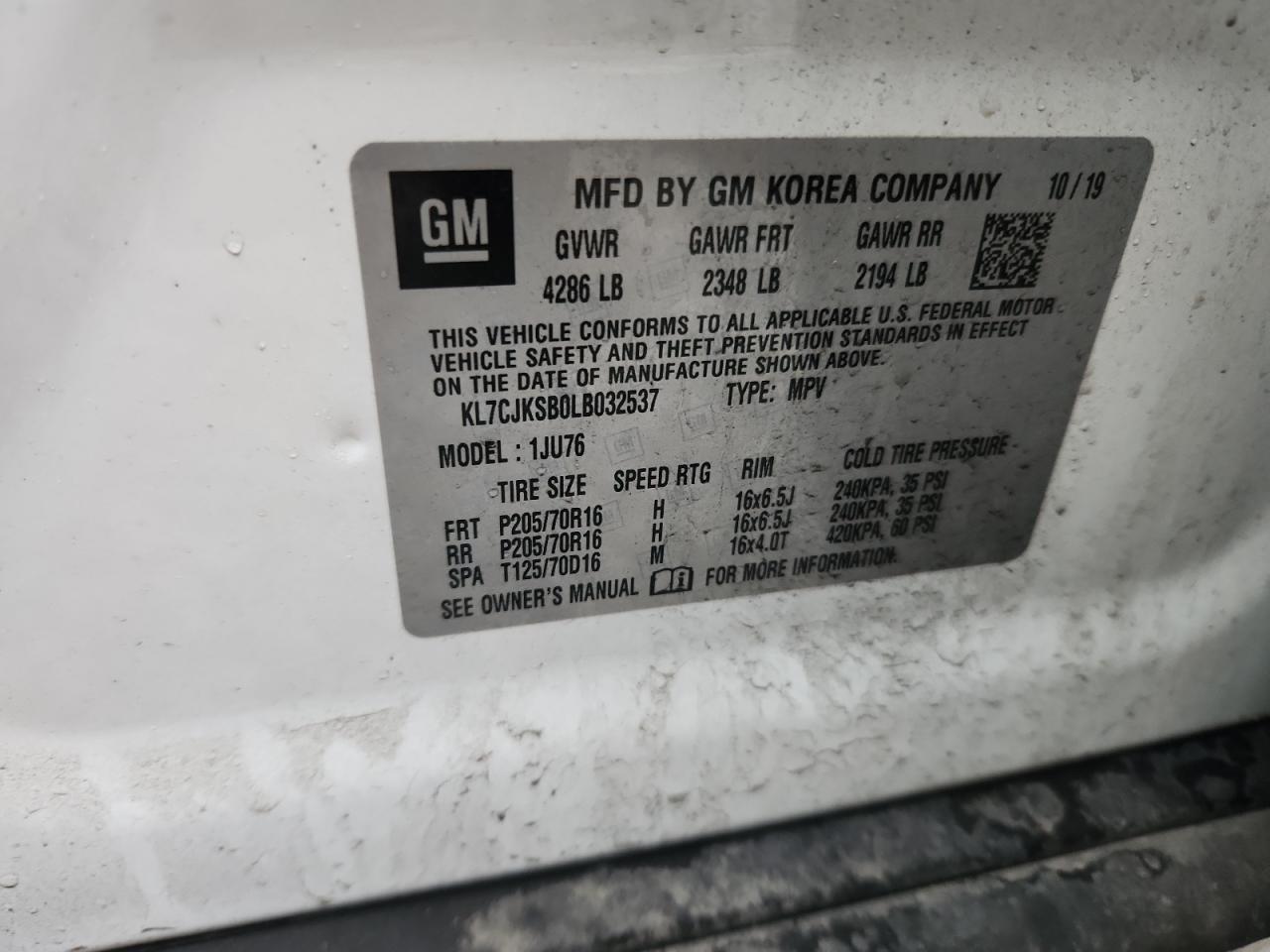 2020 Chevrolet Trax Ls VIN: KL7CJKSB0LB032537 Lot: 93189015