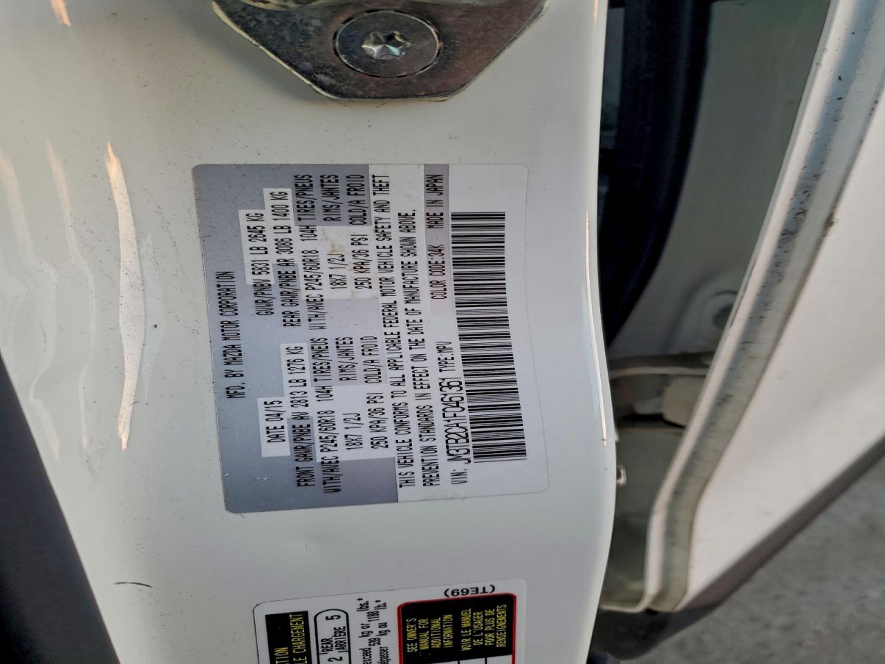 2015 Mazda Cx-9 Touring VIN: JM3TB2CA1F0461361 Lot: 94003725