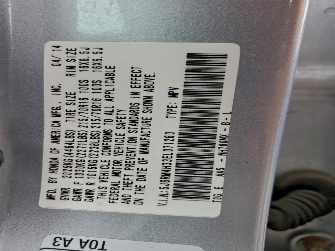 2014 Honda Cr-V Lx VIN: 5J6RM4H33EL071260 Lot: 94138975