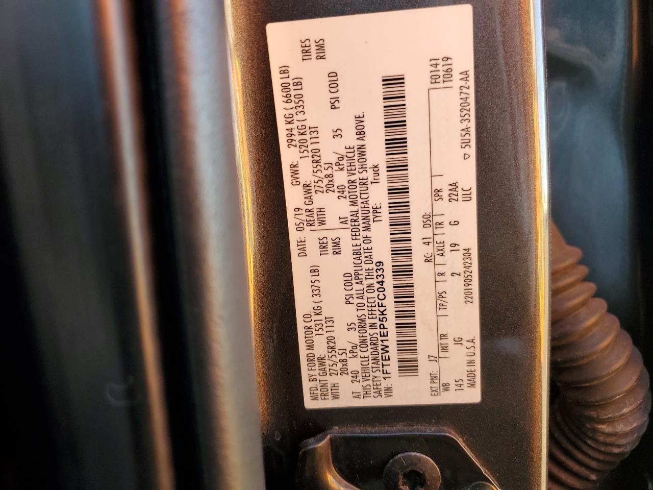 2019 Ford F150 Supercrew VIN: 1FTEW1EP5KFC04339 Lot: 90447675