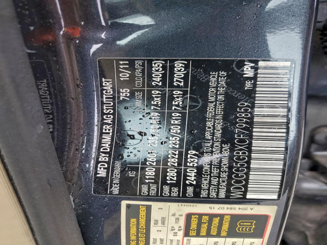 2012 Mercedes-Benz Glk 350 VIN: WDCGG5GBXCF799859 Lot: 92765815