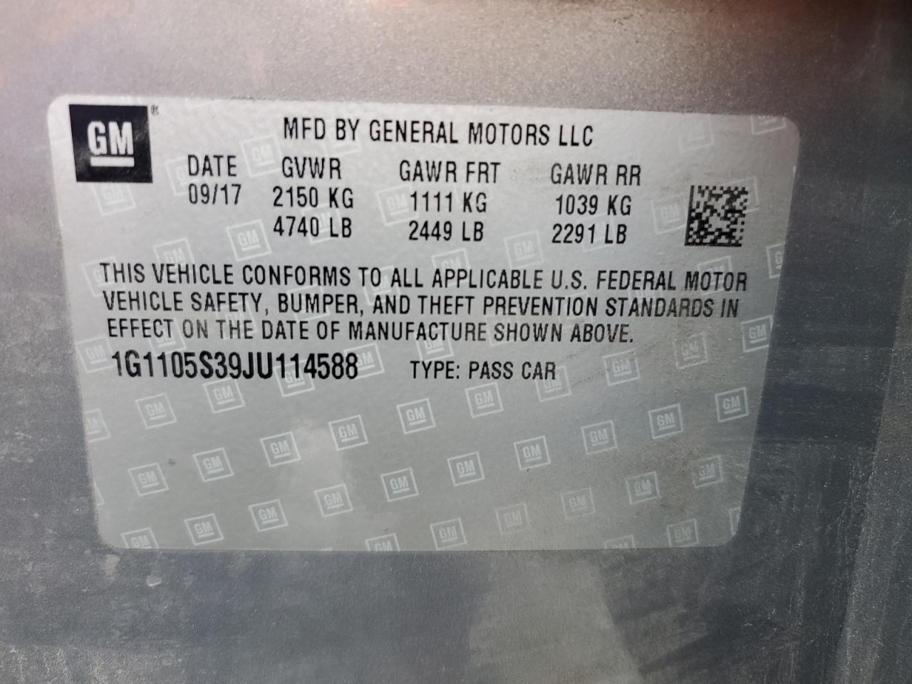 2018 Chevrolet Impala Lt VIN: 1G1105S39JU114588 Lot: 92167285