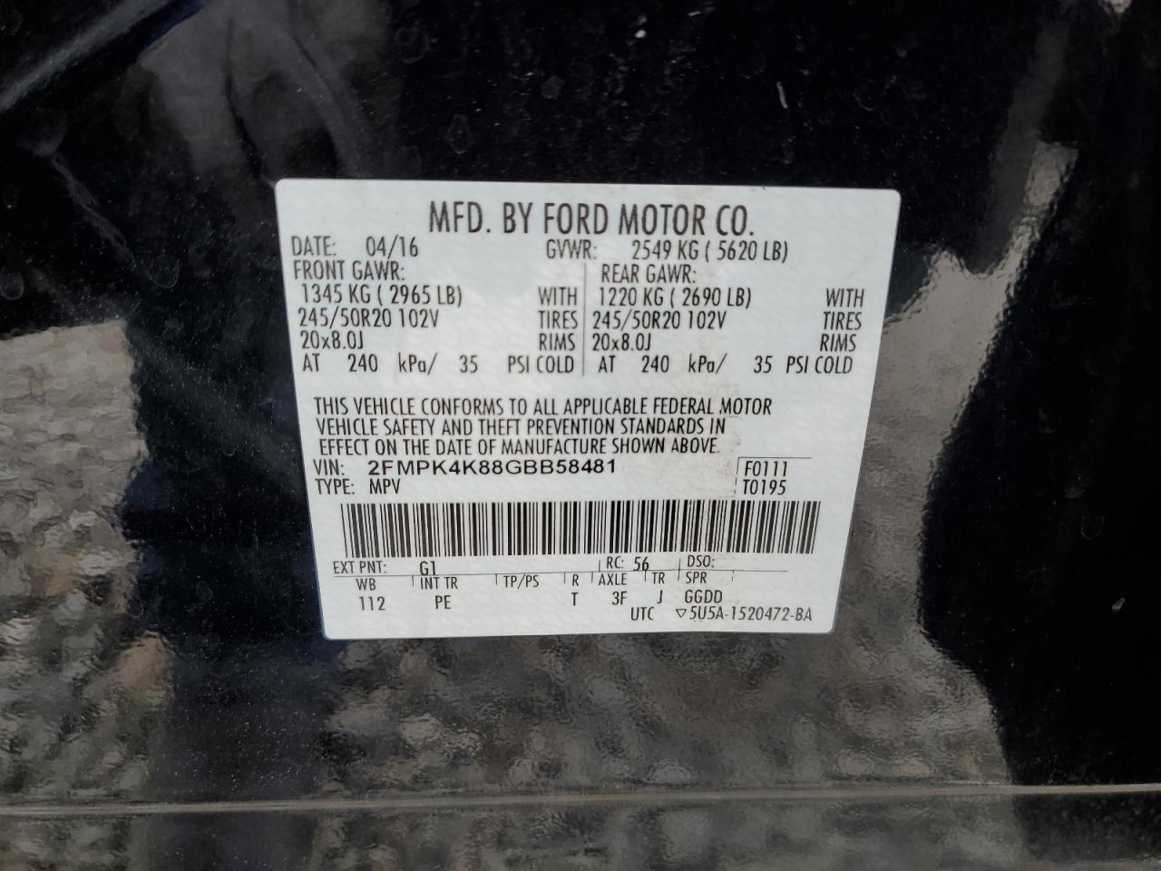 2016 Ford Edge Titanium VIN: 2FMPK4K88GBB58481 Lot: 93850945