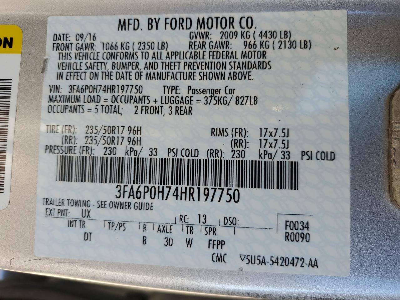 2017 Ford Fusion Se VIN: 3FA6P0H74HR197750 Lot: 89922695