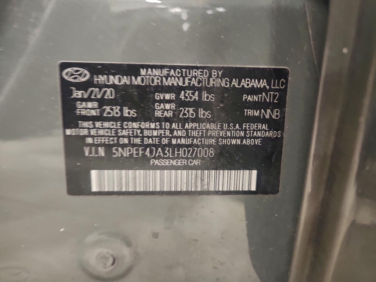 2020 Hyundai Sonata Sel VIN: 5NPEF4JA3LH027008 Lot: 94528635