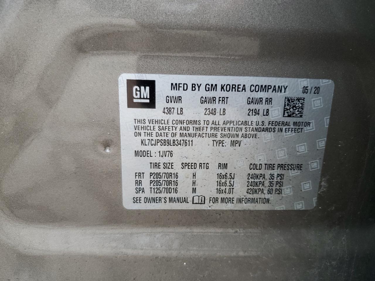 2020 Chevrolet Trax 1Lt VIN: KL7CJPSB9LB347611 Lot: 91380865