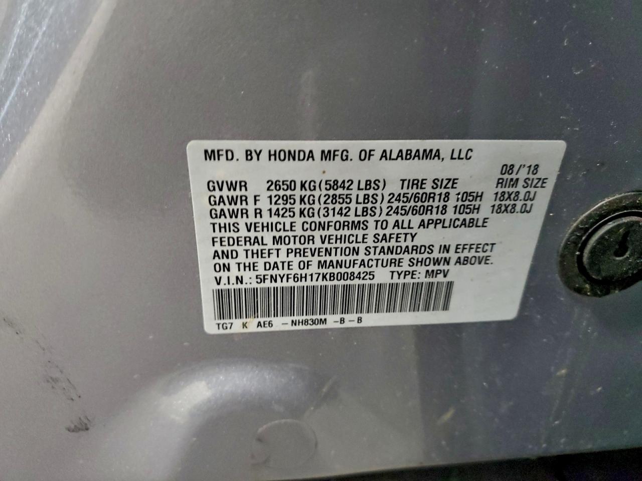 2019 Honda Pilot Lx VIN: 5FNYF6H17KB008425 Lot: 94531935