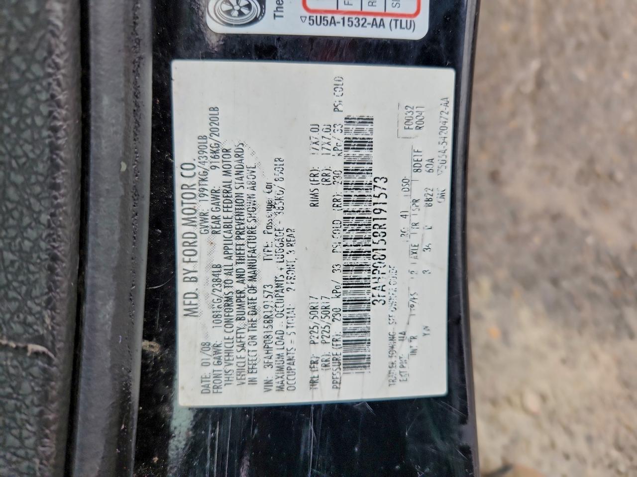 2008 Ford Fusion Sel VIN: 3FAHP08158R191573 Lot: 93857895