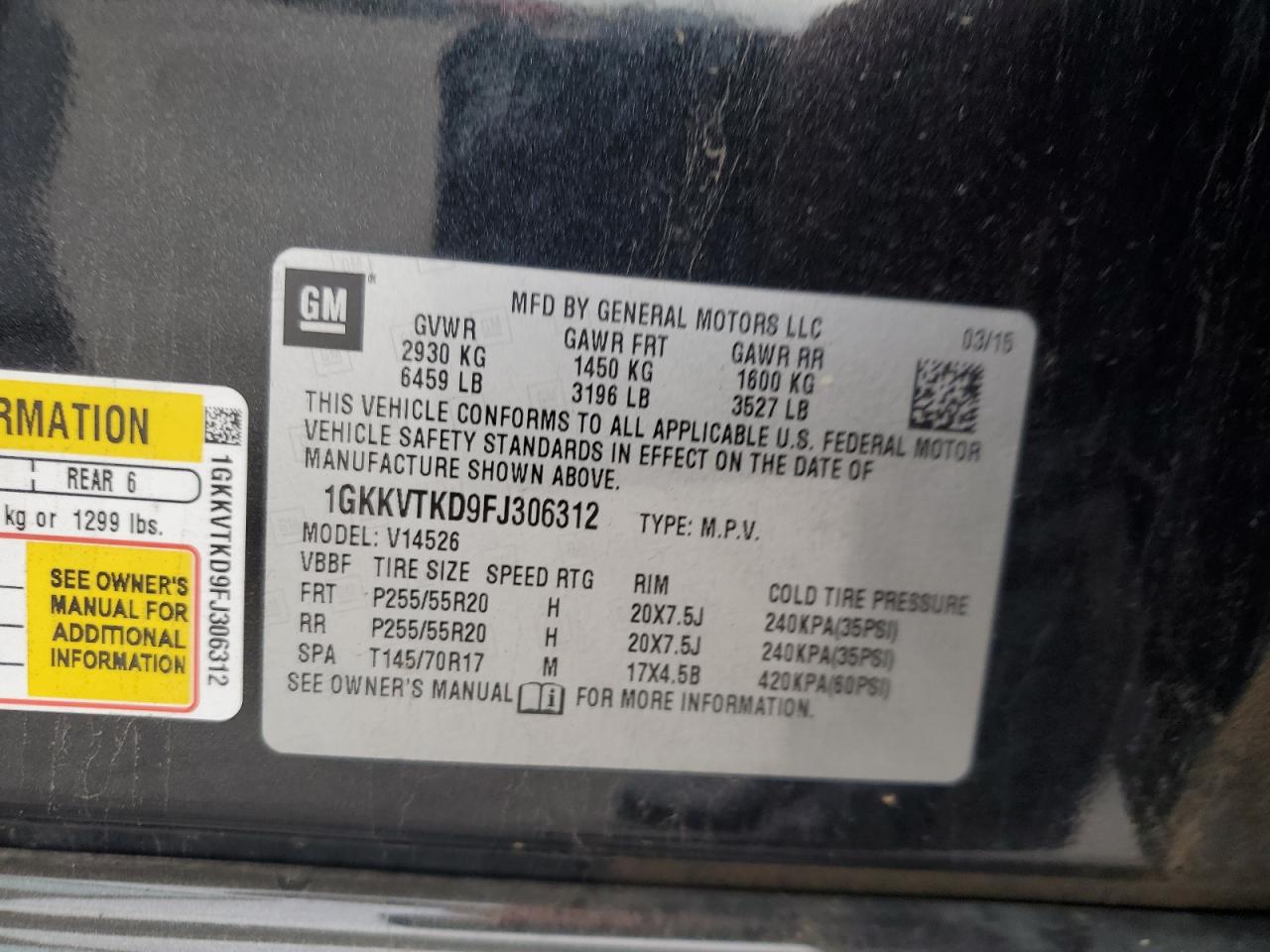 2015 GMC Acadia Denali VIN: 1GKKVTKD9FJ306312 Lot: 92646295