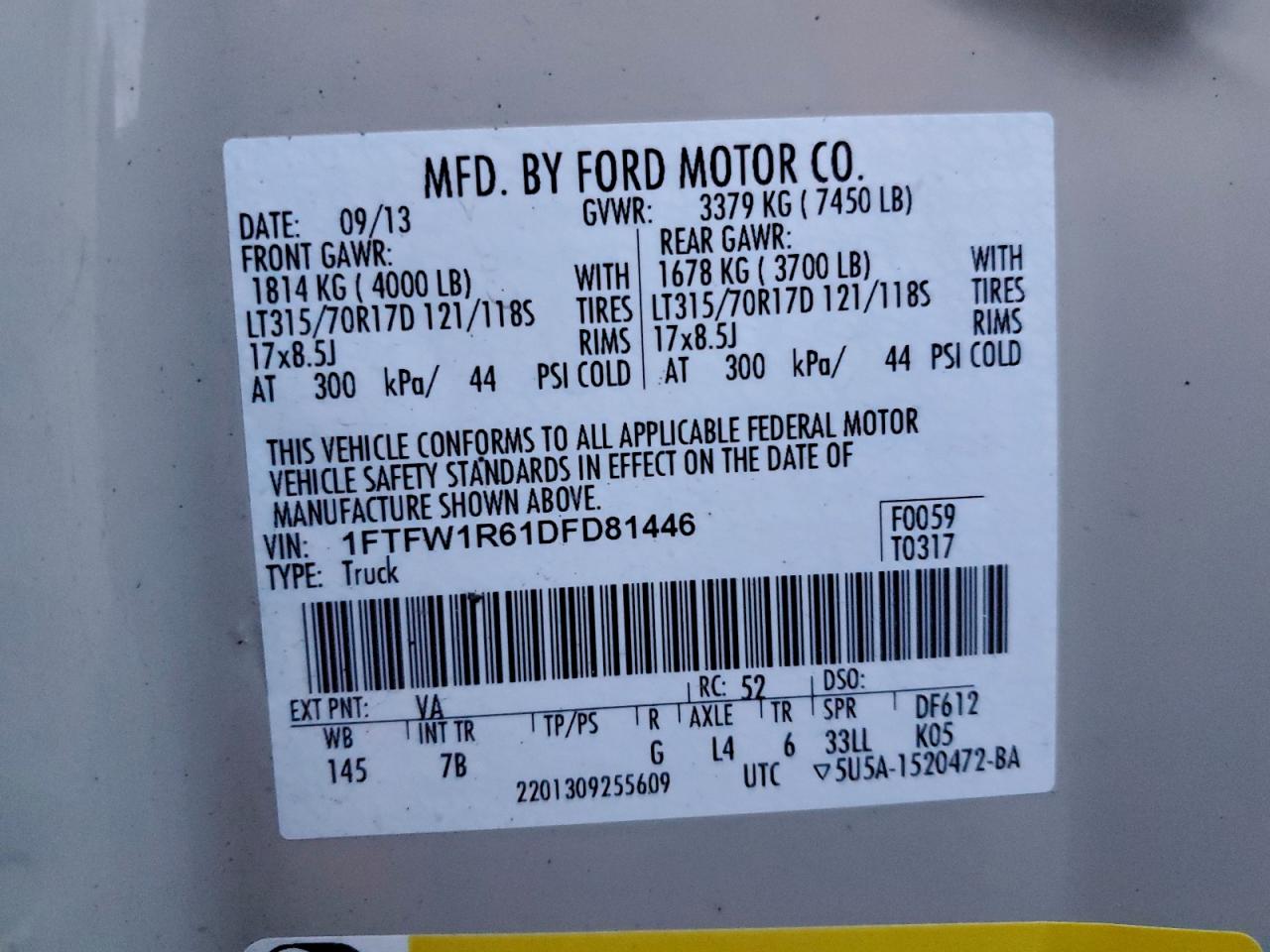 2013 Ford F150 Svt Raptor VIN: 1FTFW1R61DFD81446 Lot: 93412205