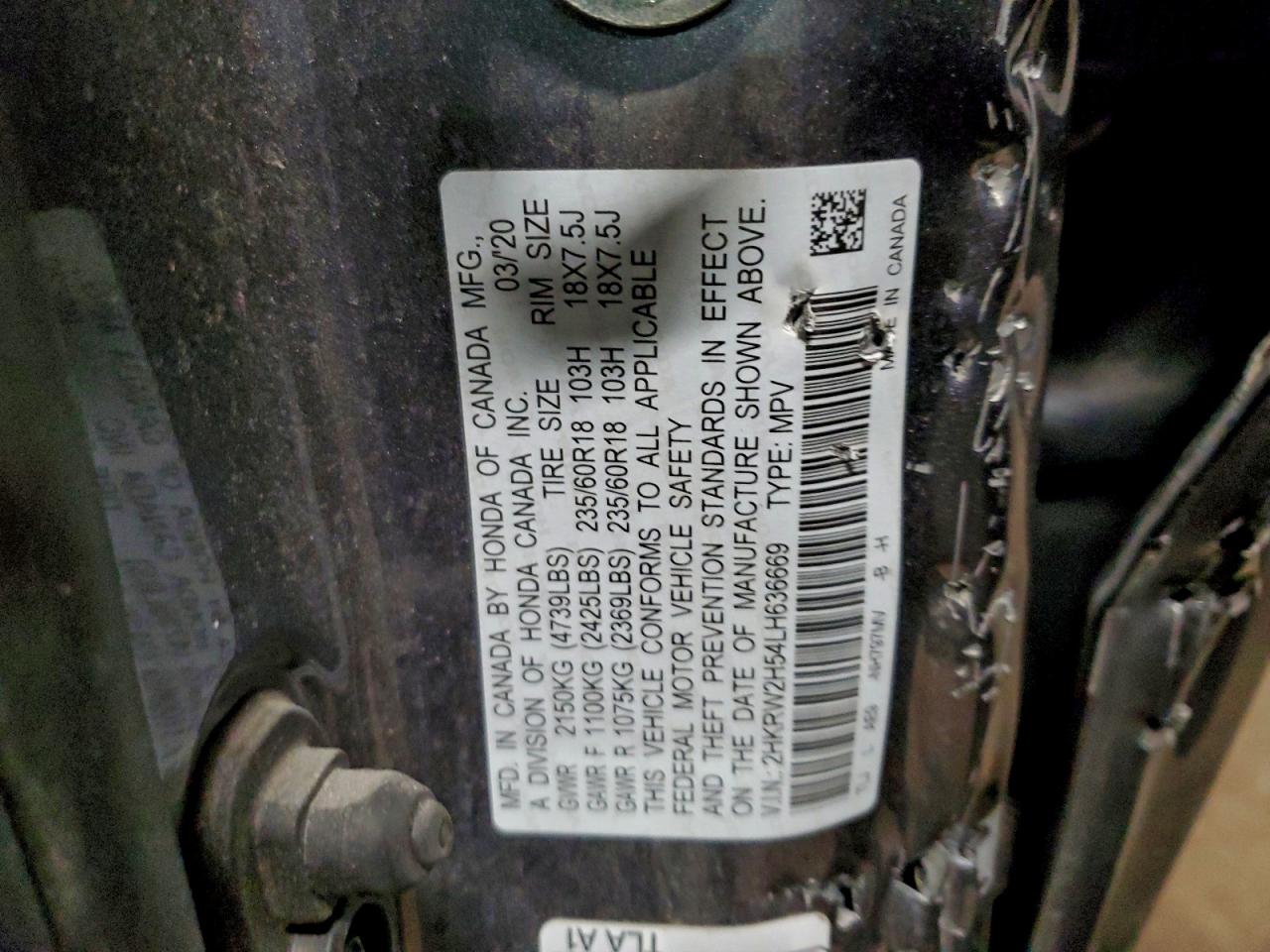 2020 Honda Cr-V Ex VIN: 2HKRW2H54LH636669 Lot: 92161925