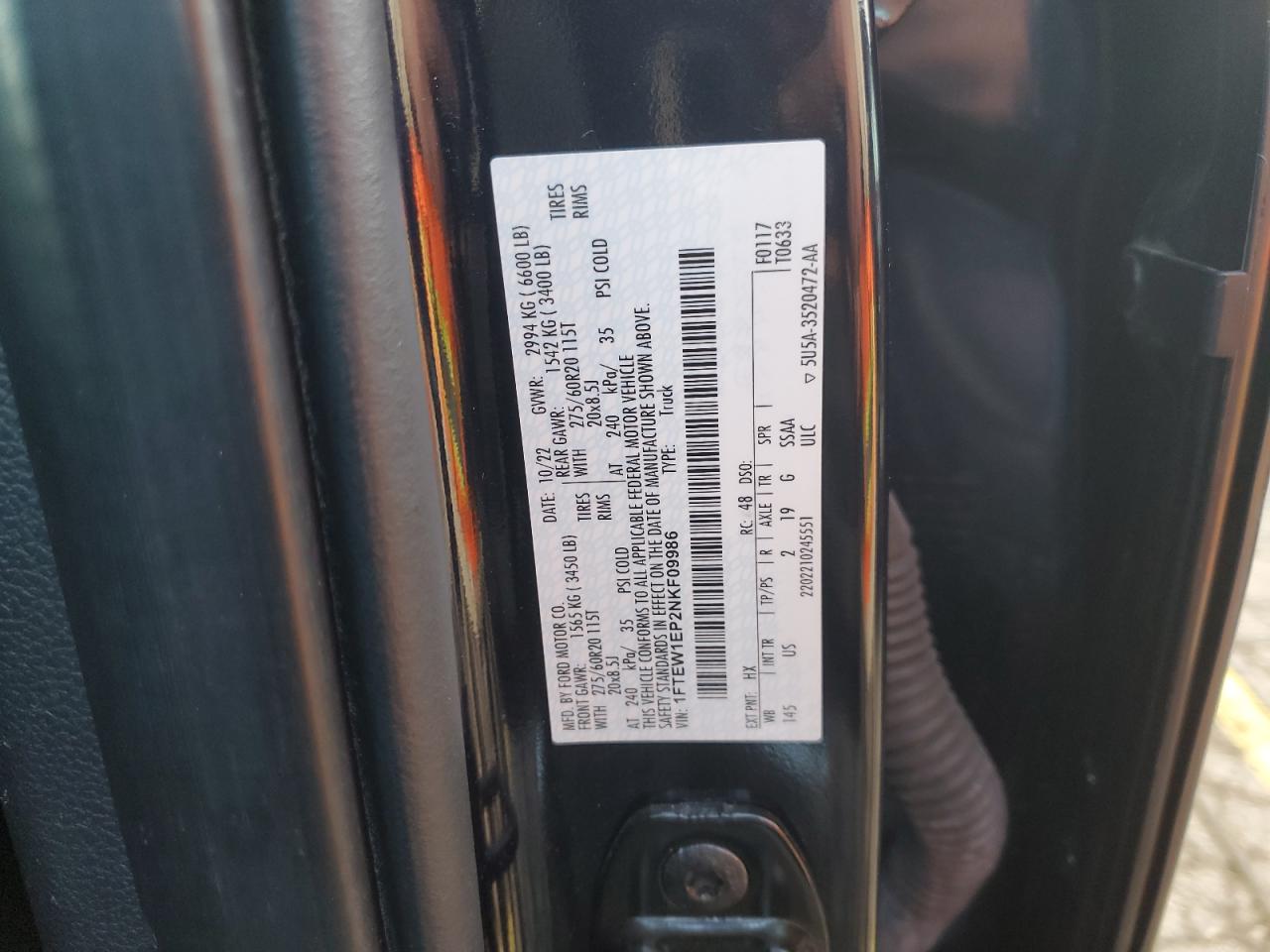 2022 Ford F150 Supercrew VIN: 1FTEW1EP2NKF09986 Lot: 92384955