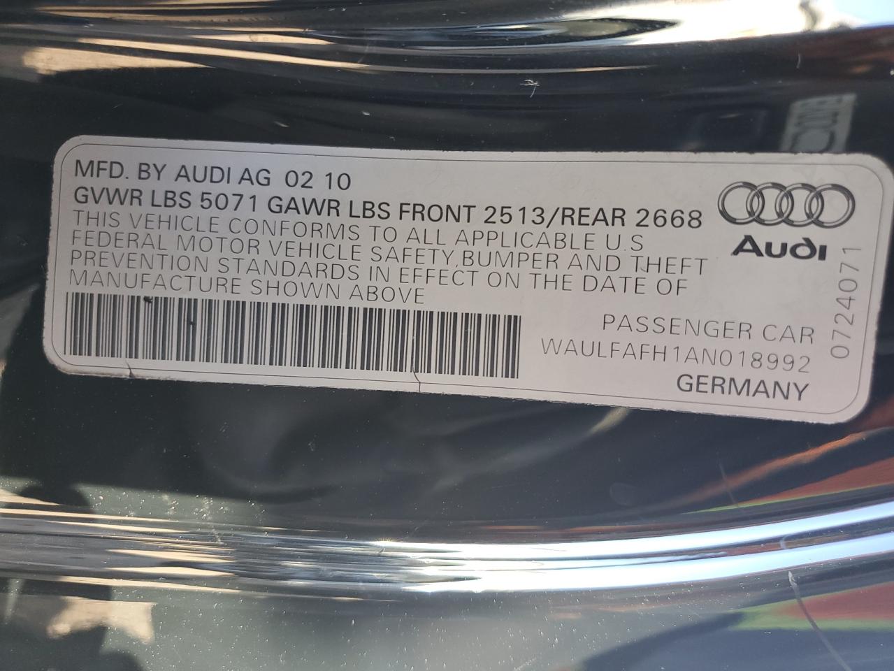 2010 Audi A5 Premium Plus VIN: WAULFAFH1AN018992 Lot: 91023865