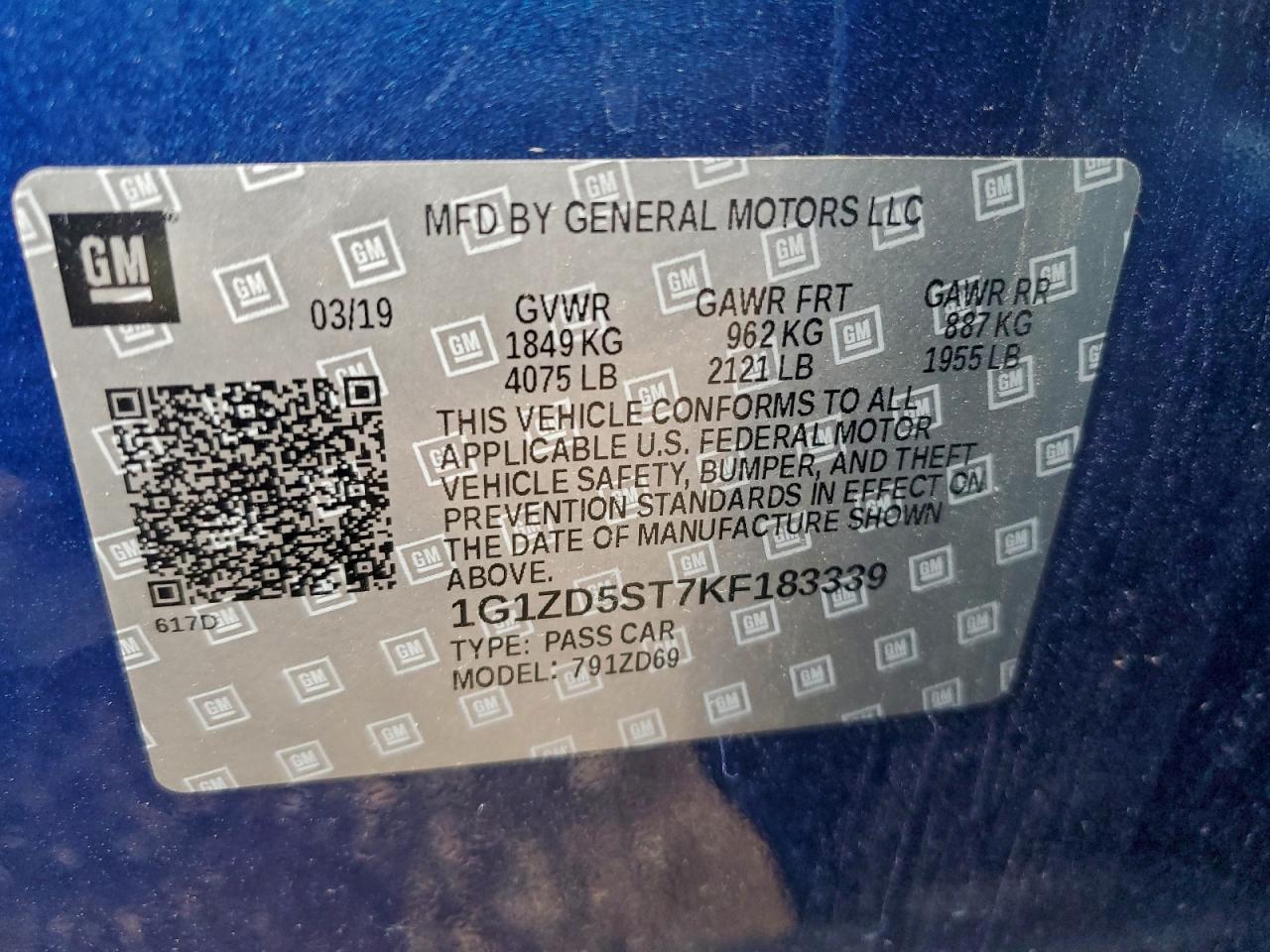 2019 Chevrolet Malibu Lt VIN: 1G1ZD5ST7KF183339 Lot: 94100245