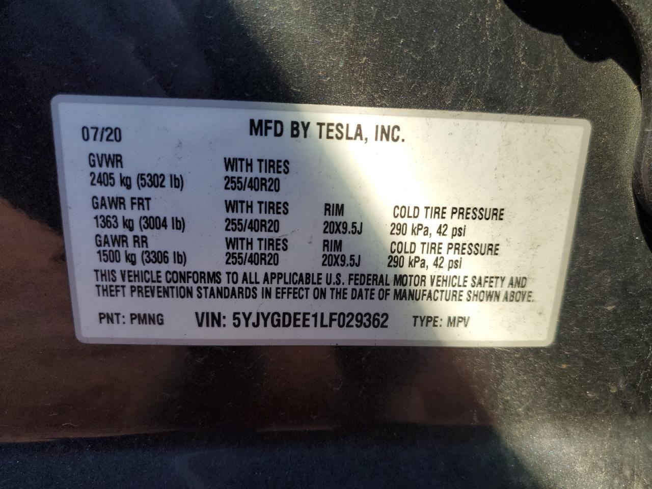 2020 Tesla Model Y VIN: 5YJYGDEE1LF029362 Lot: 91462825