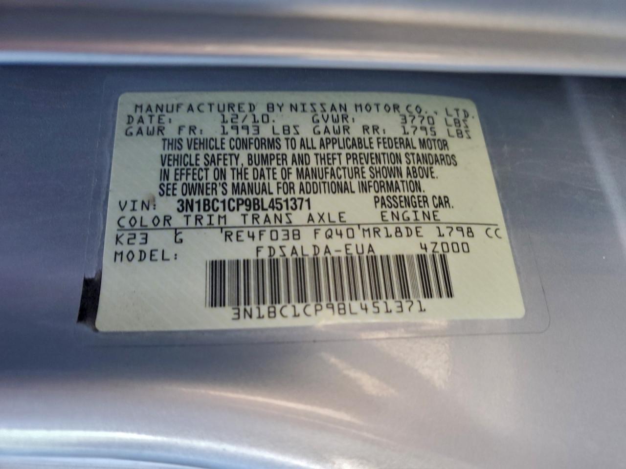 2011 Nissan Versa S VIN: 3N1BC1CP9BL451371 Lot: 93137345