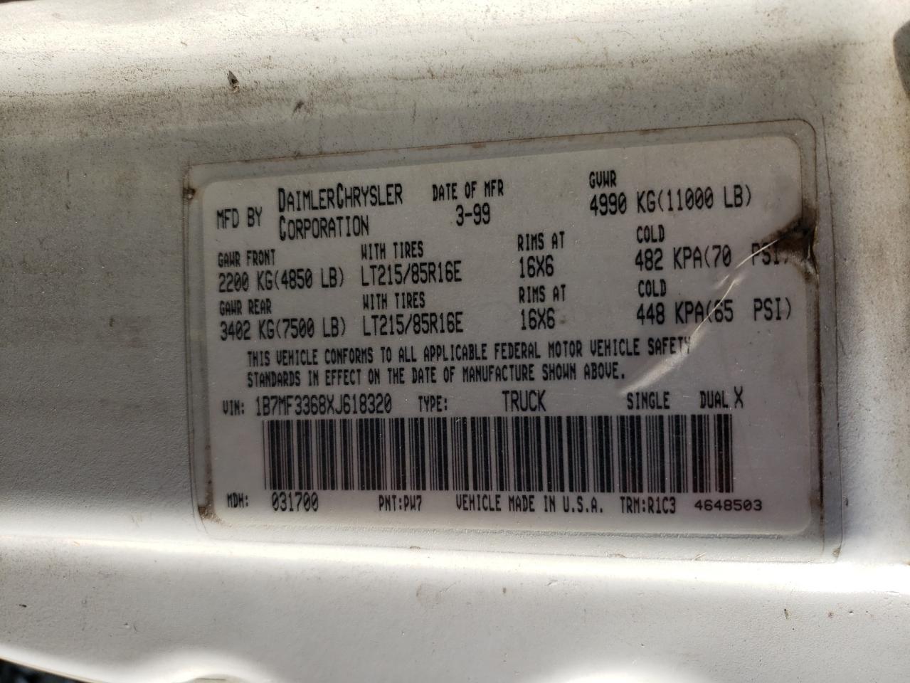 1999 Dodge Ram 3500 VIN: 1B7MF3368XJ618320 Lot: 92900365