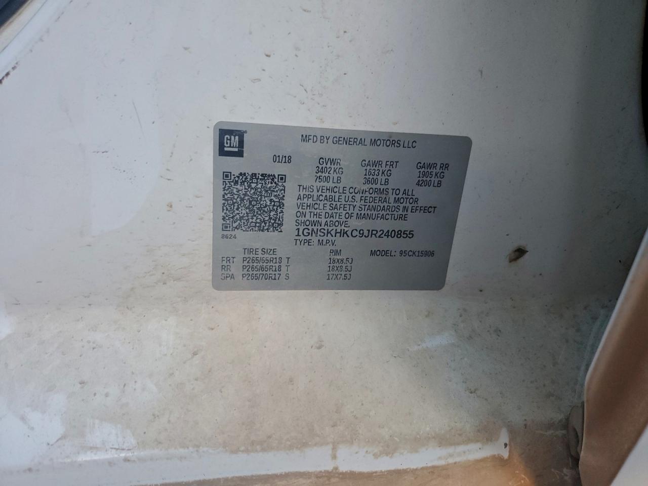 2018 Chevrolet Suburban K1500 Lt VIN: 1GNSKHKC9JR240855 Lot: 94547385