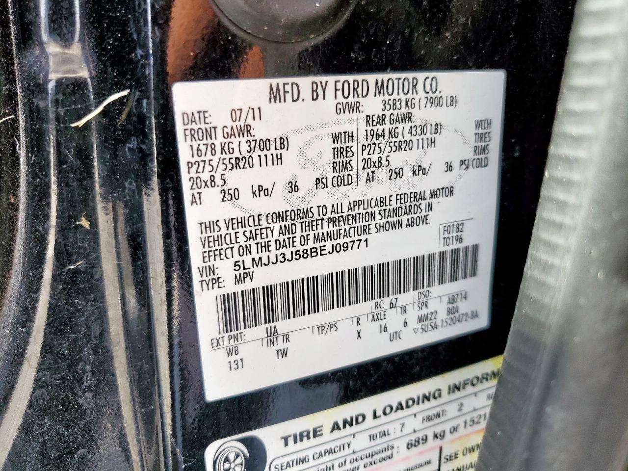 2011 Lincoln Navigator L VIN: 5LMJJ3J58BEJ09771 Lot: 93237065