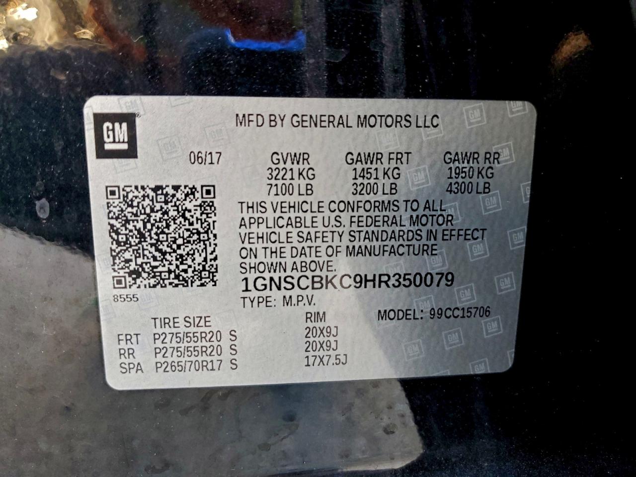 2017 Chevrolet Tahoe C1500 Lt VIN: 1GNSCBKC9HR350079 Lot: 93950015