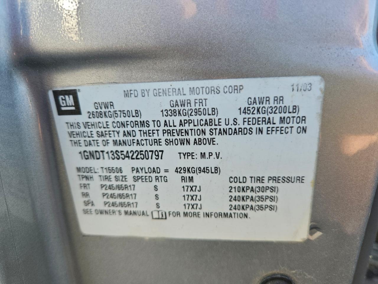 2004 Chevrolet Trailblazer Ls VIN: 1GNDT13S542250797 Lot: 94414675