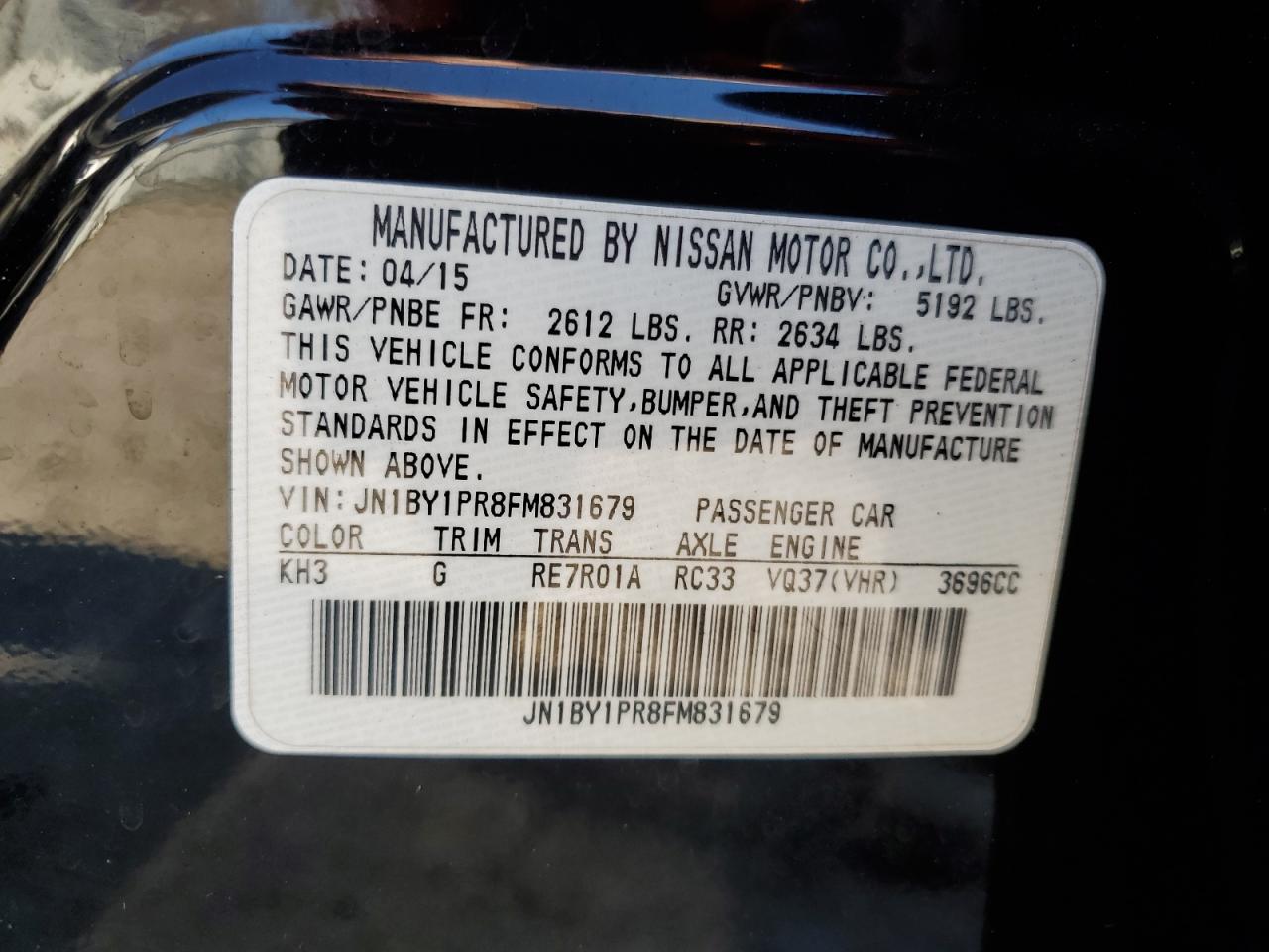 2015 Infiniti Q70L 3.7 VIN: JN1BY1PR8FM831679 Lot: 93378625