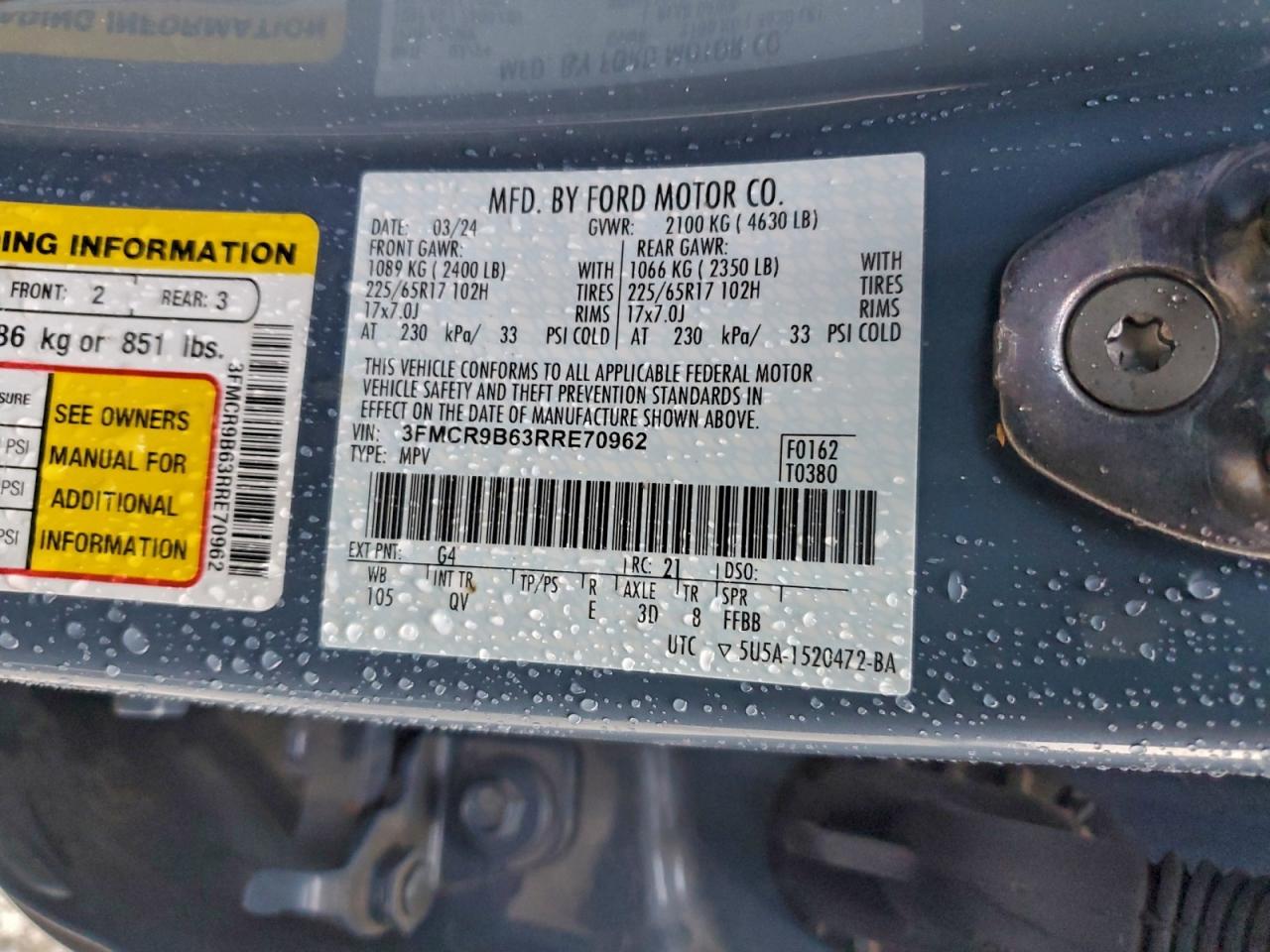 2024 Ford Bronco Sport Big Bend VIN: 3FMCR9B63RRE70962 Lot: 93753735