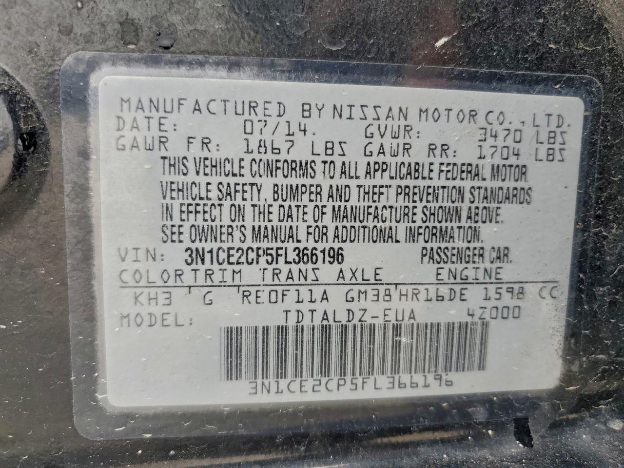 2015 Nissan Versa Note S VIN: 3N1CE2CP5FL366196 Lot: 94163715