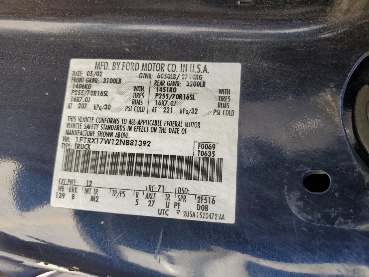 2002 Ford F150 VIN: 1FTRX17W12NB81392 Lot: 92231195