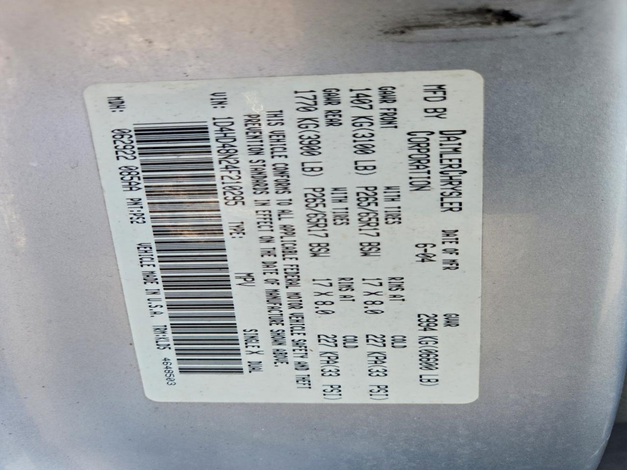 2004 Dodge Durango Slt VIN: 1D4HD48N24F210295 Lot: 91902905