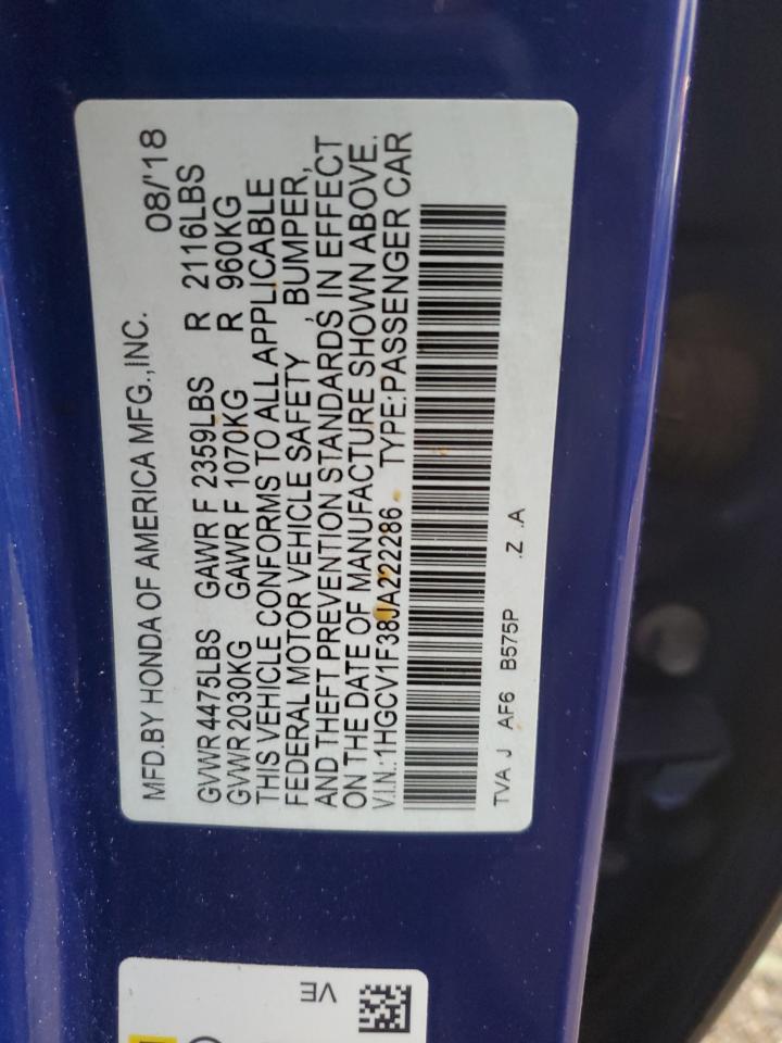 2018 Honda Accord Sport VIN: 1HGCV1F38JA222286 Lot: 93325185