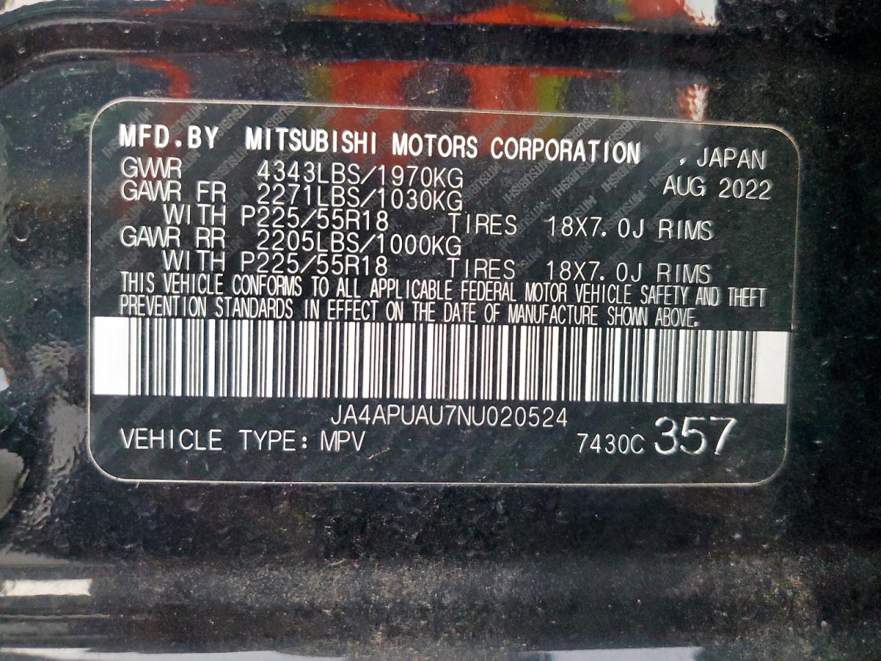 2022 Mitsubishi Outlander Sport Es VIN: JA4APUAU7NU020524 Lot: 92084825