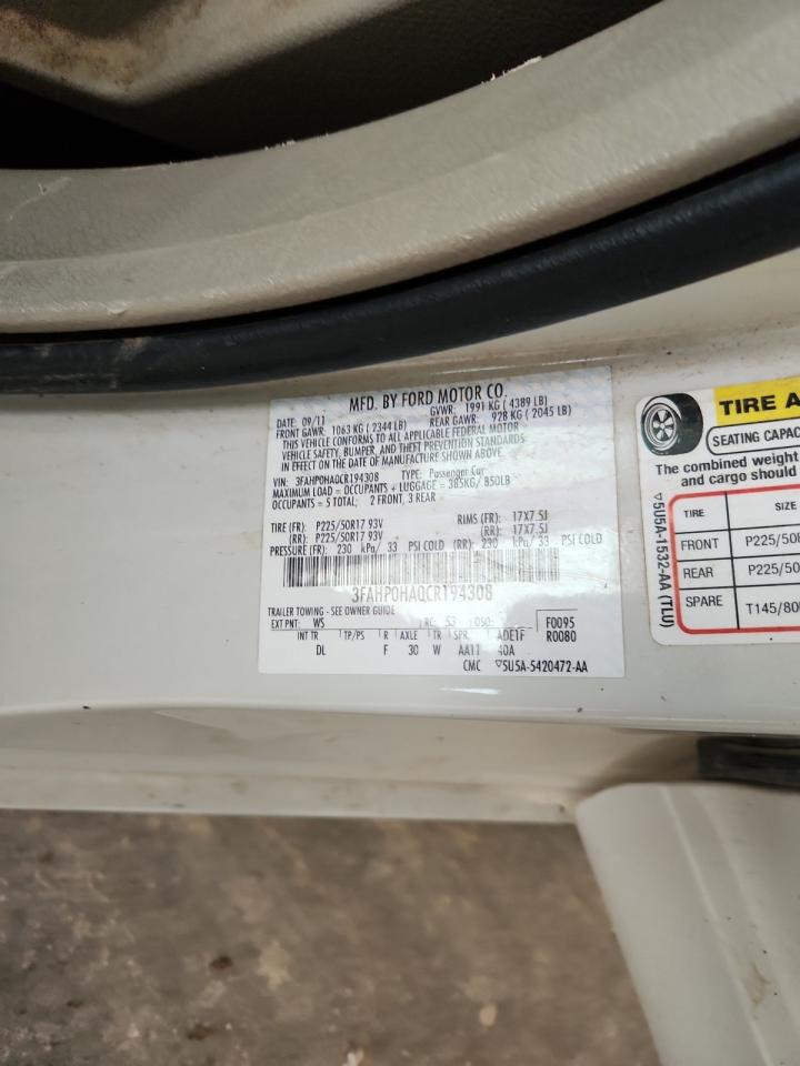 2012 Ford Fusion Se VIN: 3FAHP0HA0CR194308 Lot: 93082395