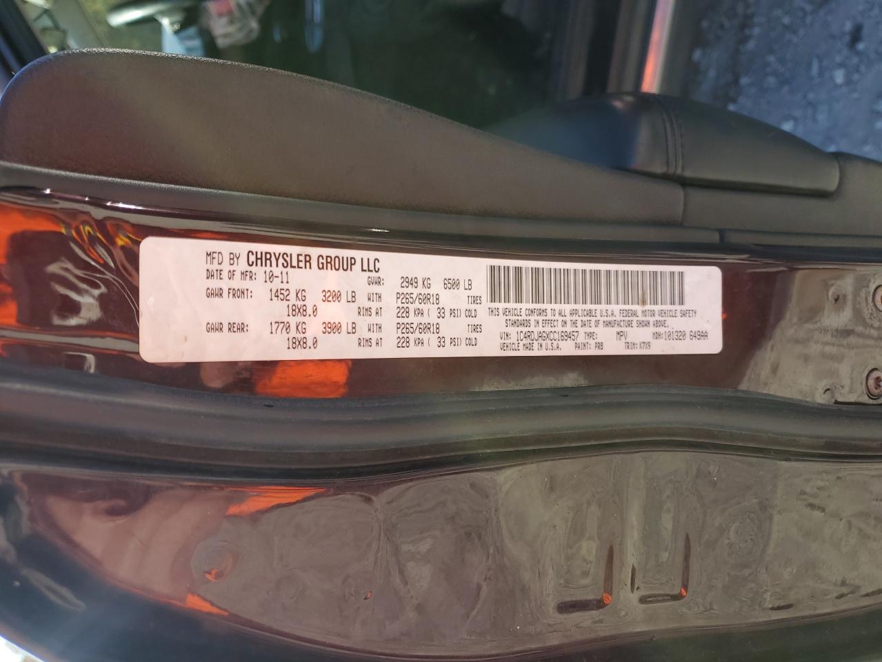 2012 Dodge Durango Sxt VIN: 1C4RDJAGXCC169457 Lot: 92135605