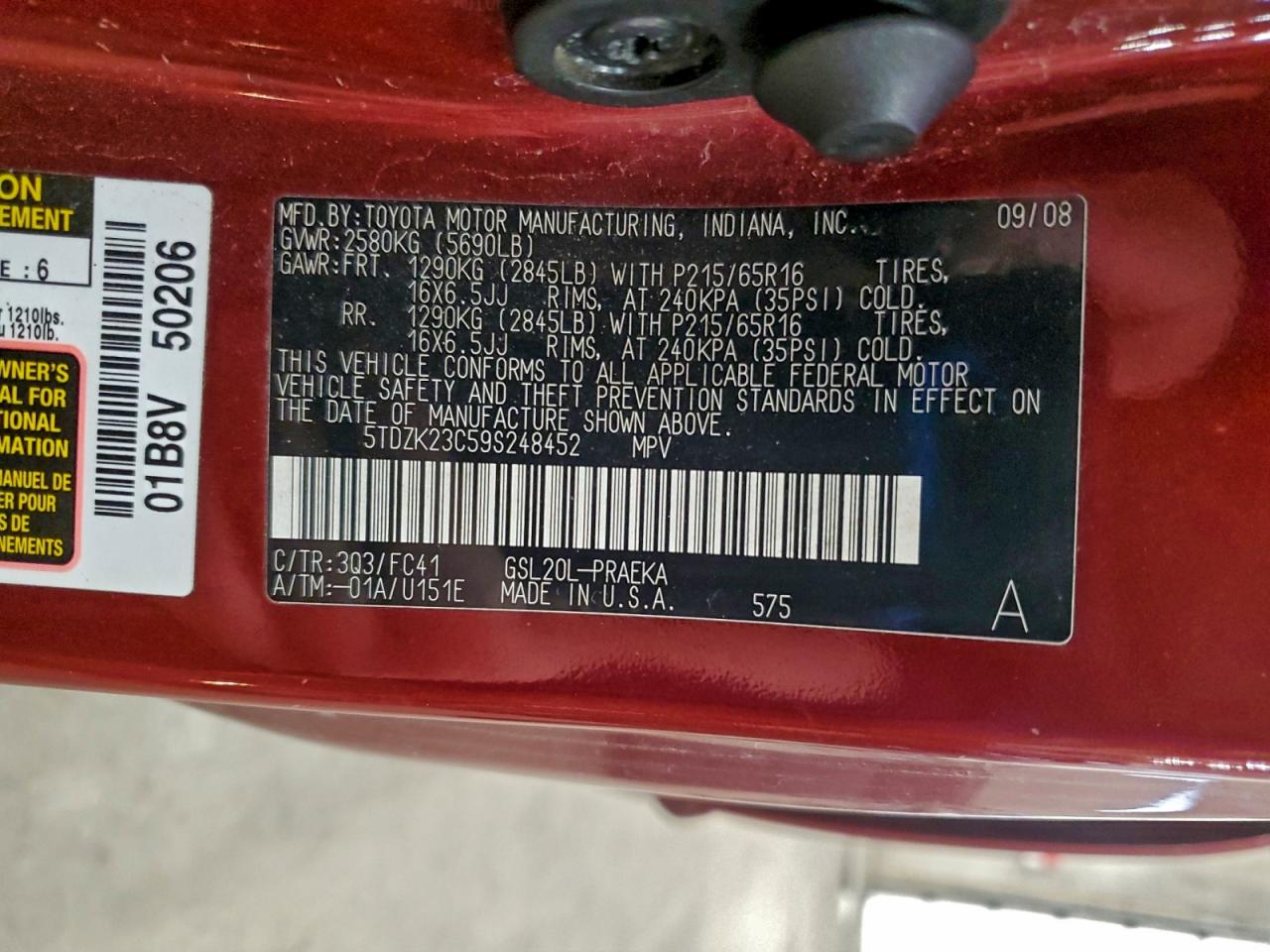 2009 Toyota Sienna Ce VIN: 5TDZK23C59S248452 Lot: 94599285