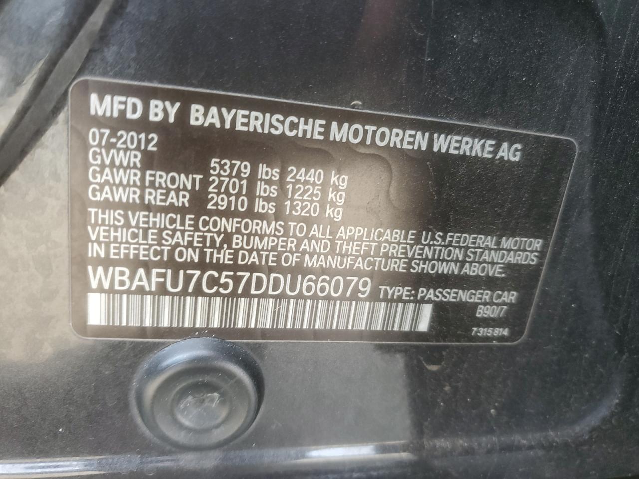 2013 BMW 535 Xi VIN: WBAFU7C57DDU66079 Lot: 91318885