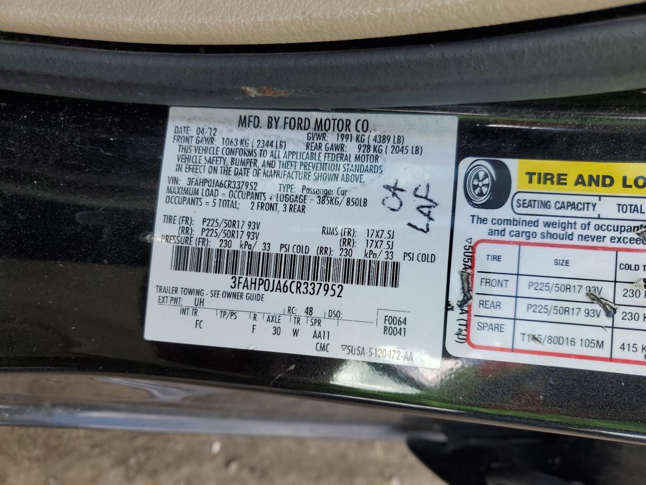 2012 Ford Fusion Sel VIN: 3FAHP0JA6CR337952 Lot: 91167675