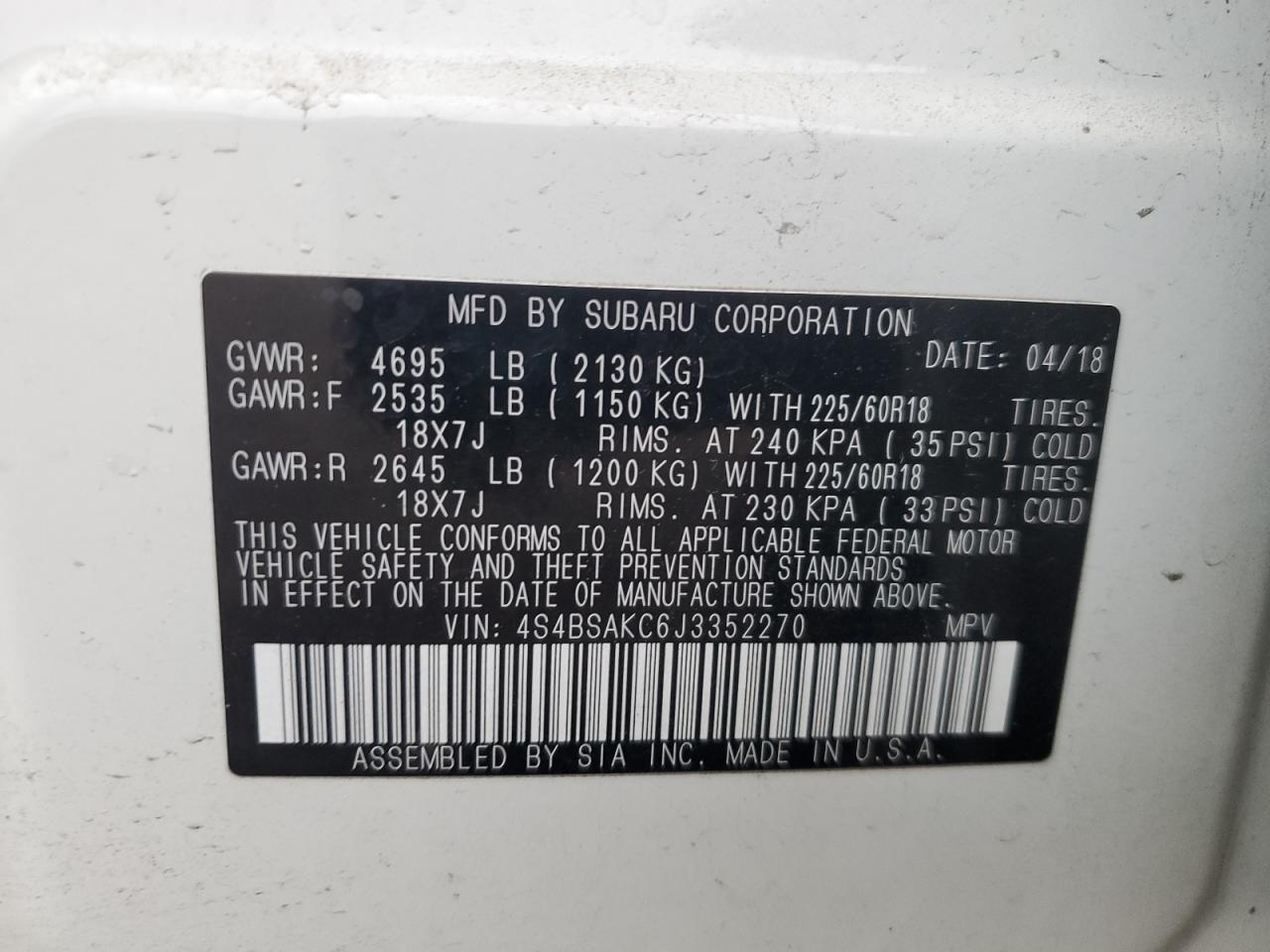 2018 Subaru Outback 2.5I Limited VIN: 4S4BSAKC6J3352270 Lot: 93521515