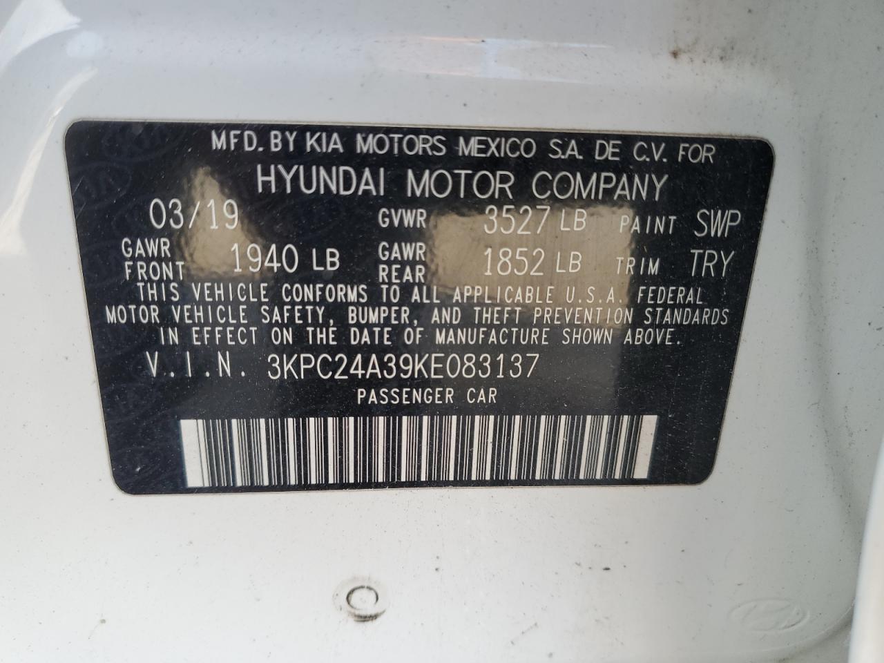 2019 Hyundai Accent Se VIN: 3KPC24A39KE083137 Lot: 91488905