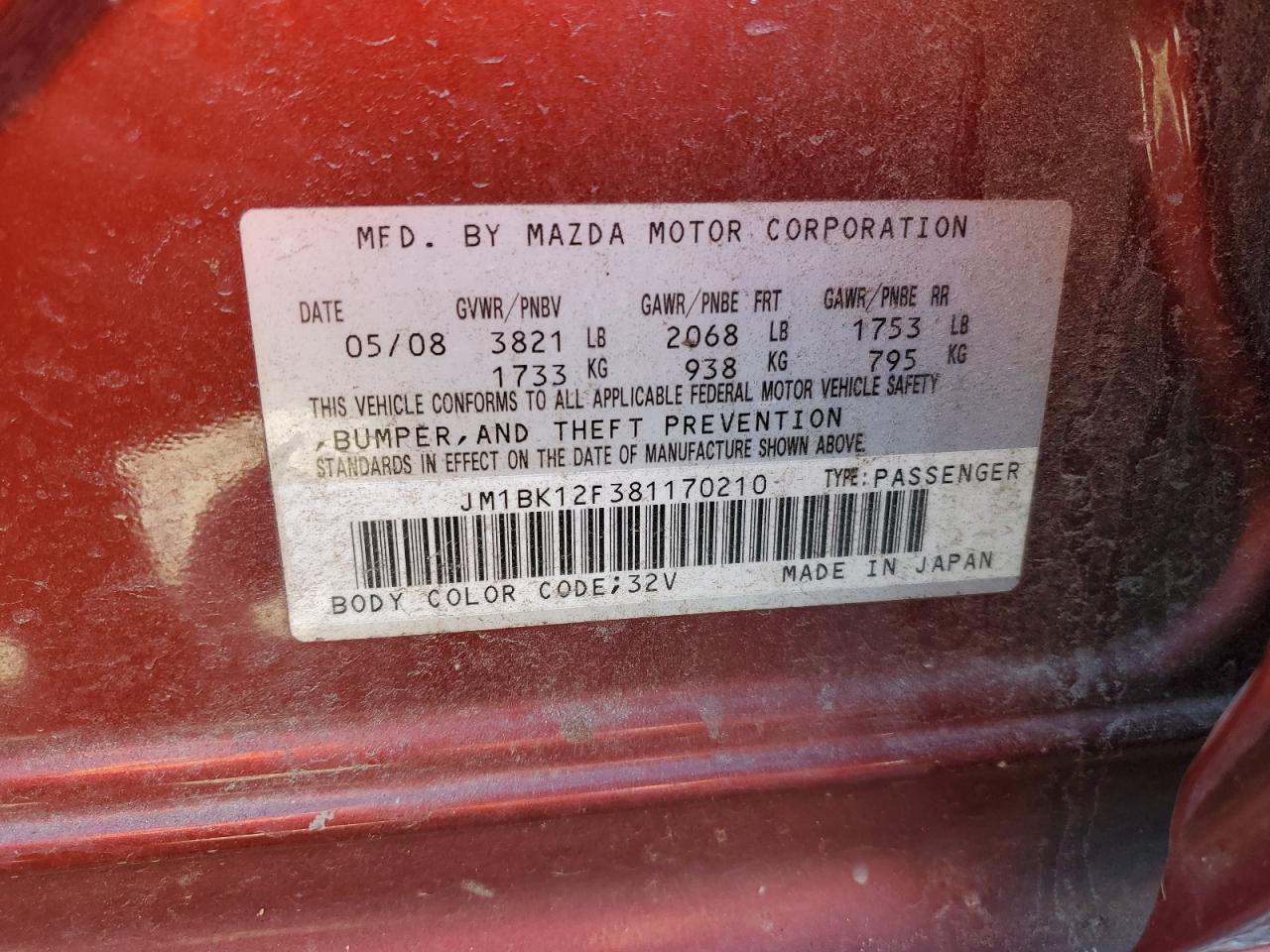 2008 Mazda 3 I VIN: JM1BK12F381170210 Lot: 92384645