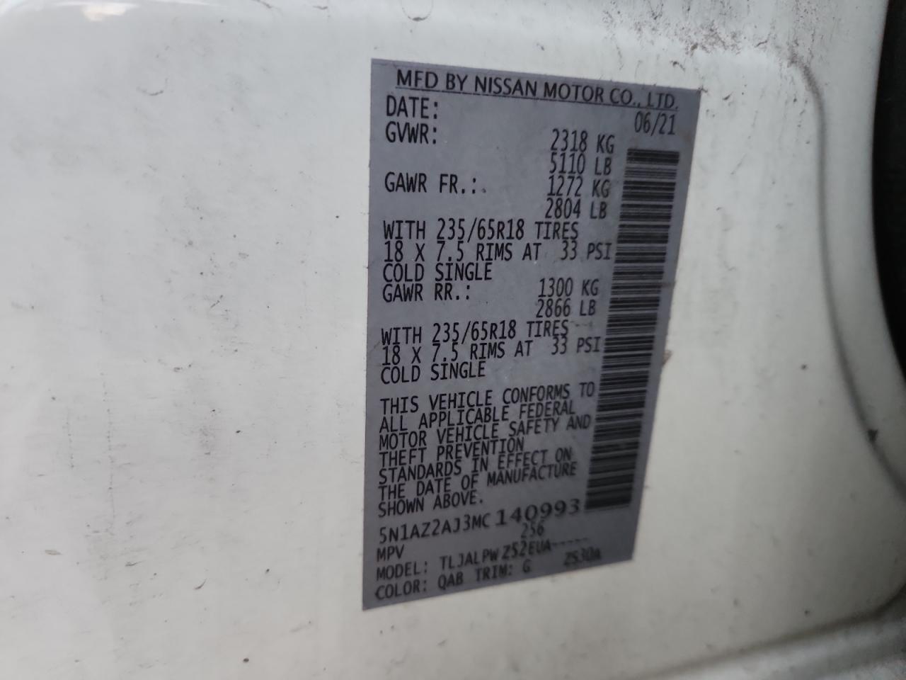 2021 Nissan Murano S VIN: 5N1AZ2AJ3MC140993 Lot: 92309345