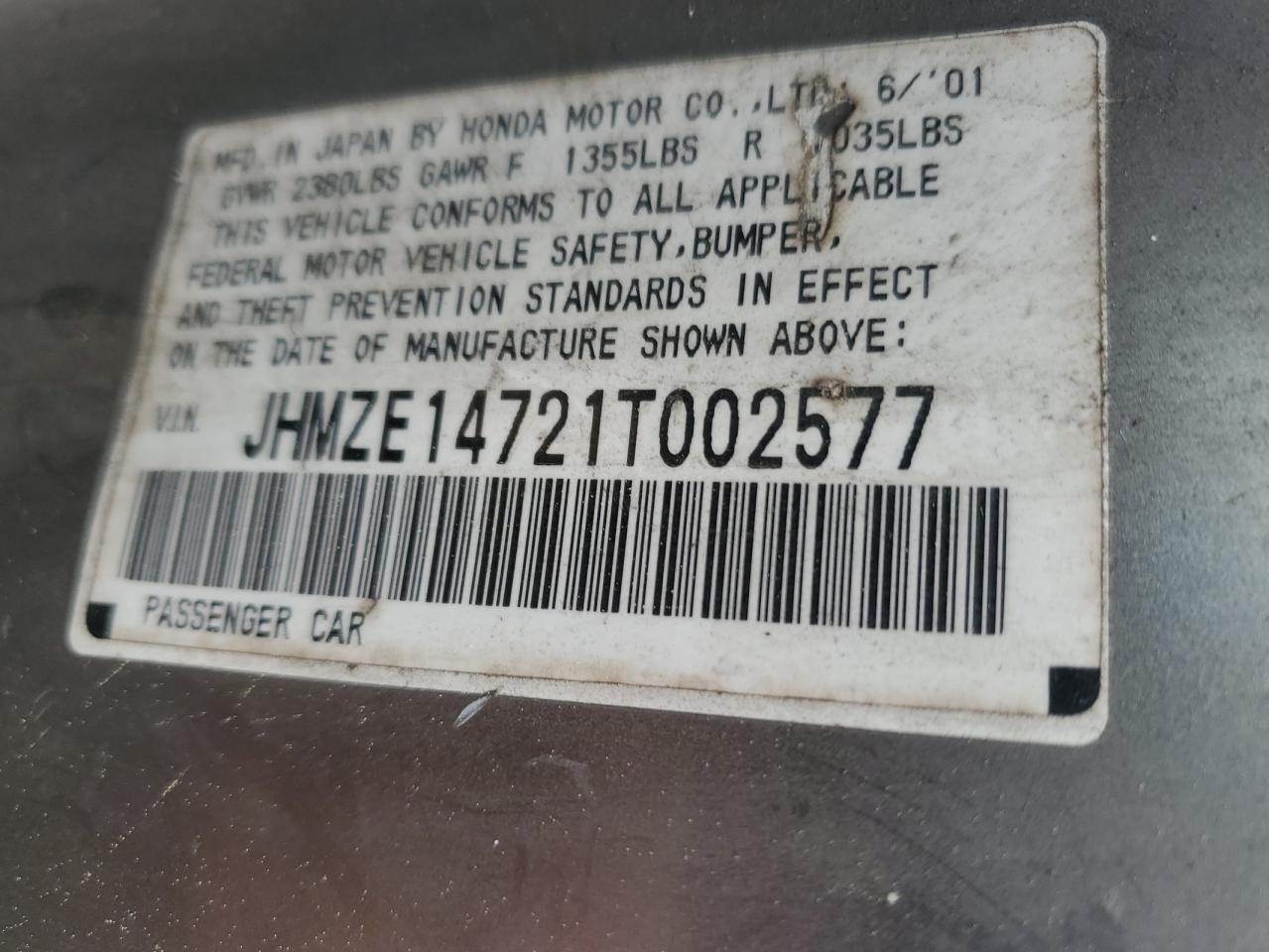 2001 Honda Insight VIN: JHMZE14721T002577 Lot: 84957125