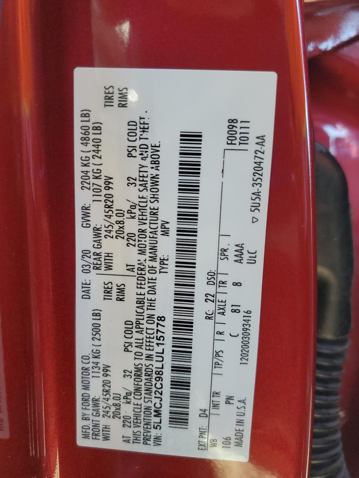 2020 Lincoln Corsair Reserve VIN: 5LMCJ2C98LUL15778 Lot: 90599205